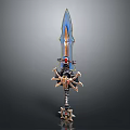 Intricate Decorative Sword With Blue Blade Golden Accents And Red Gem Hilt