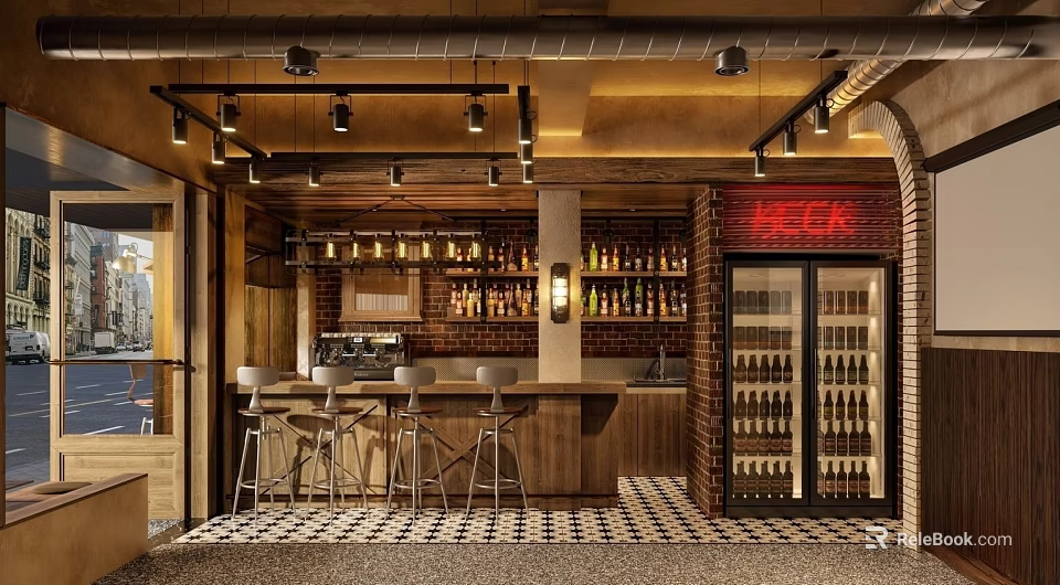 Modern Café Interior With Brick Wall Bar Counter Metal Stools Neon Sign And Refrigerator 3d model 
