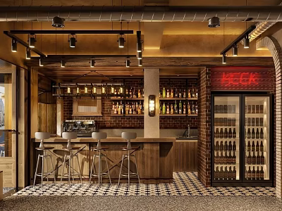 Modern Café Interior With Brick Wall Bar Counter Metal Stools Neon Sign And Refrigerator 3d model