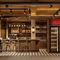 Modern Café Interior With Brick Wall Bar Counter Metal Stools Neon Sign And Refrigerator
