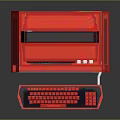 Retro Red Computer Desktop With ARAM Console Monitor And Keyboard