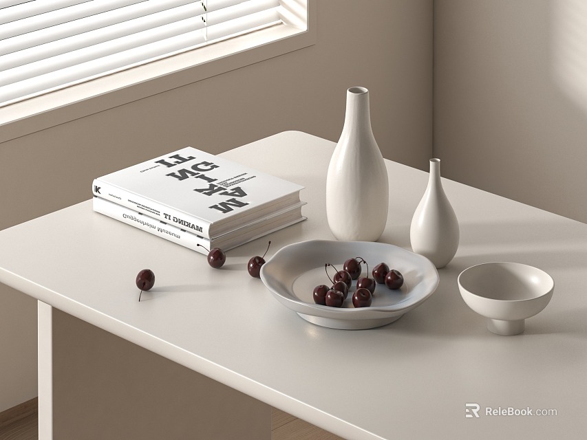 White Ceramic Vessels Including Bowls And Vases On Table With Books And Cherries 3d model 