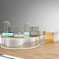 Elegant Modern Display Shelves With Golden Frame Glass Display And Marble Countertop On Wooden Floor