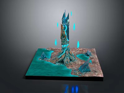 Cartoon Scene Featuring Turquoise Crystal Spire Root Like Base Blue Water And Floating Glowing Particles 3d model