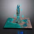 Cartoon Scene Featuring Turquoise Crystal Spire Root Like Base Blue Water And Floating Glowing Particles