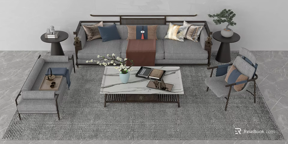 Elegant Living Room Interior With Gray Sofa Multiple Pillows And Marble Coffee Table Set 3d model