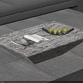 Modern Marble Texture Coffee Table with Magazine Black Platter and Green Fruits on Gray Rug
