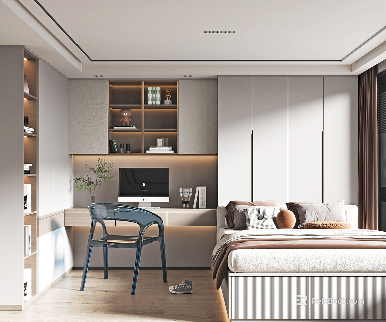 Modern Tatami Bedroom Interior Design With Built-in Bookshelf Desk Chair And Cabinets 3d model 