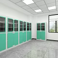 Modern Laboratory Interior With Green Cabinets White Countertop Workbench Chair and Windows