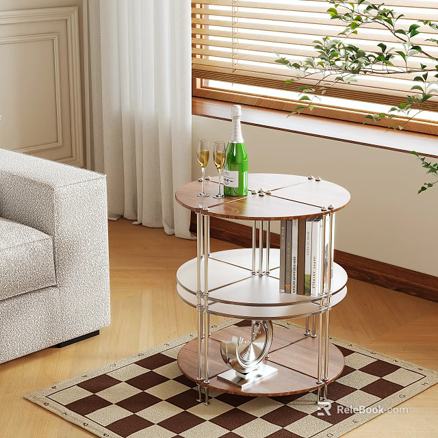 Modern Two Tier Side Table In Living Room With Champagne Bottle Wine Glasses And Books 3d model 