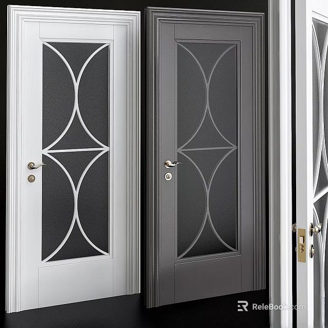 Modern Interior Hinged Doors With White Gray Glass Panels And Geometric Patterns 3d model 
