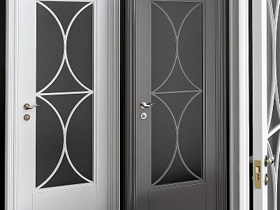 Modern Interior Hinged Doors With White Gray Glass Panels And Geometric Patterns 3d model