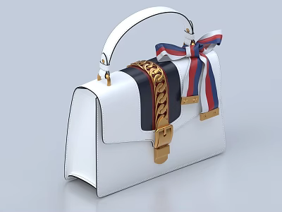 White Handbag With Gold Chain Decoration And Red Blue White Bow Design 3d model
