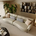 Bright Modern Sofa Set in Living Room With Plants Bookshelf Floor Lamp and Ottoman