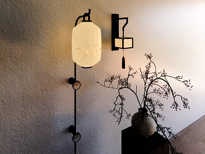 Chinese Style Wall Lamp with Patterned Round Lit Lampshade and Vase on Textured Wall 3d model