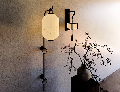Chinese Style Wall Lamp with Patterned Round Lit Lampshade and Vase on Textured Wall 3d model