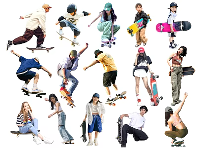 Group of People Skateboarding With Various Tricks And Different Poses On Skateboards 3d model