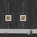 Dark Wooden Wall Decor With Two Framed Floral Bird Paintings Green Vase Plant And Porcelain 3d model