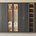 Modern Dark Gray Wardrobe With Glass Doors LED Lighting And Open Compartments