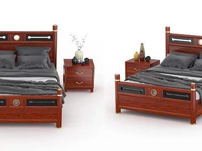 Classic Wooden Double Bed Interior With Gray Bedding Nightstands And Decor 3d model