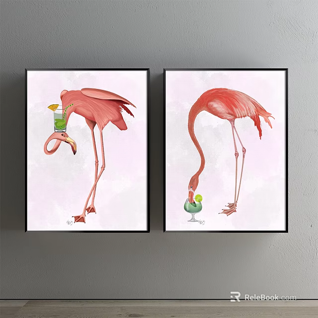 Set Of Two Watercolor Flamingo Animal Paintings With Green Cup Decor 3d model 