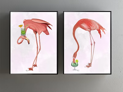 Set Of Two Watercolor Flamingo Animal Paintings With Green Cup Decor 3d model