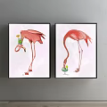 Set Of Two Watercolor Flamingo Animal Paintings With Green Cup Decor