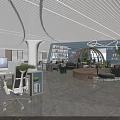 Modern Public Office Space with Open Layout Desks Computers Green Plants Bookshelves and Natural Light