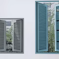 White and Wooden Window Blinds in Room with Trees and Buildings Outside