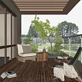 Villa Balcony with Wooden Deck Glass Railing Comfortable Loungers Green Plants and Lake View