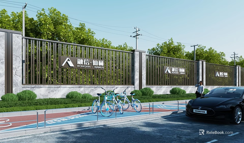 Building Exterior Wall Design Featuring Metal Fence Company Logo Green Plants Bicycle Parking and Car 3d model 