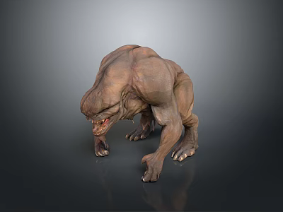 Brown Muscular Monster 3D Model Featuring Sharp Teeth And Crouching Stance 3d model