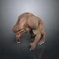Brown Muscular Monster 3D Model Featuring Sharp Teeth And Crouching Stance