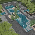 Water Fountain in Urban Park with Stone Paths Greenery and Seating Areas
