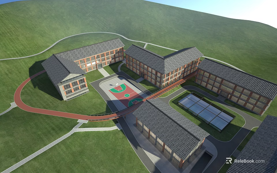 School Buildings With Green Lawn Surrounding Connected Multi Story Structures Central Playground And Red Pathways 3d model 