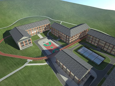 School Buildings With Green Lawn Surrounding Connected Multi Story Structures Central Playground And Red Pathways 3d model