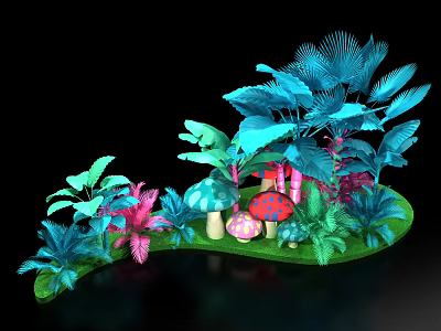 Whimsical Fantasy Garden Scene With Colorful Mushrooms Green Plants And Vibrant Leaves 3d model