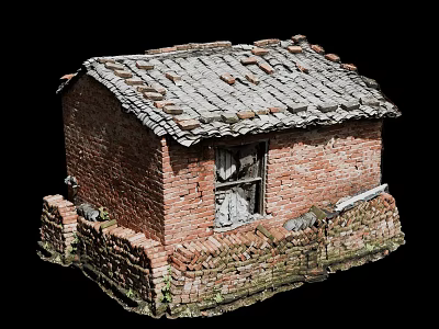Small Old Red Brick House with Tiled Roof and Stone Base and Weathered Window 3d model