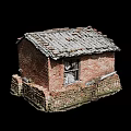 Small Old Red Brick House with Tiled Roof and Stone Base and Weathered Window