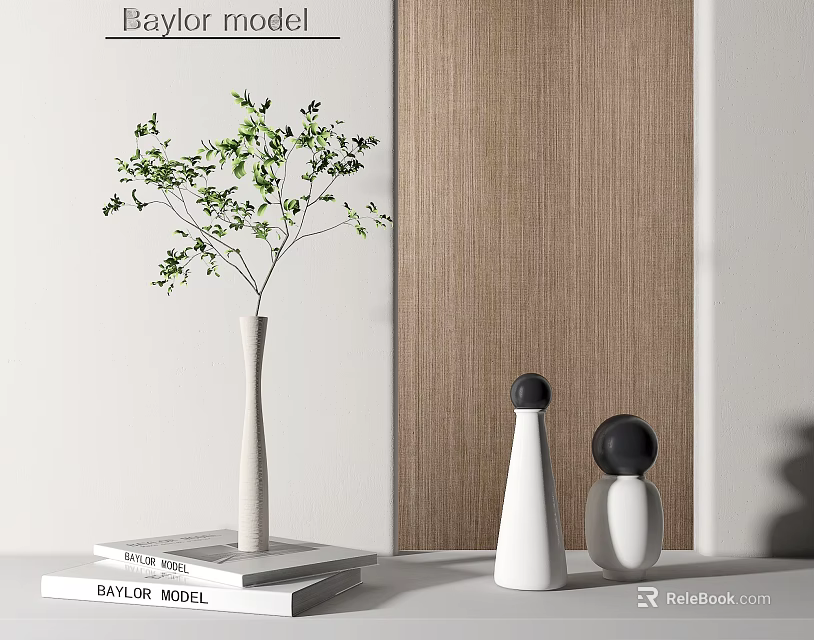 Minimalist Elegant Decorative Ornament Set With Green Plant Vase And White Ceramic Sculptures 3d model 