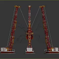 Three Red Construction Cranes With Central Main Structure And White Base Pedestals 3d model