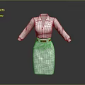 Stylish Women's White Blouse With Red Buttons And Red Belt Paired With Plaid Pattern Skirt