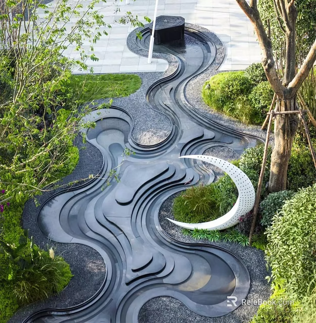 Park Landscape With Curved Walkway Green Plants Moon Shaped Decoration And Trees 3d model 