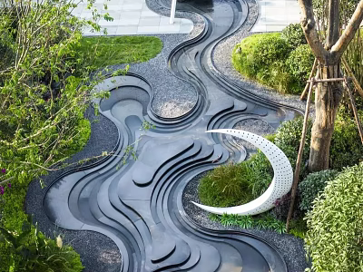 Park Landscape With Curved Walkway Green Plants Moon Shaped Decoration And Trees 3d model