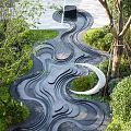 Park Landscape With Curved Walkway Green Plants Moon Shaped Decoration And Trees