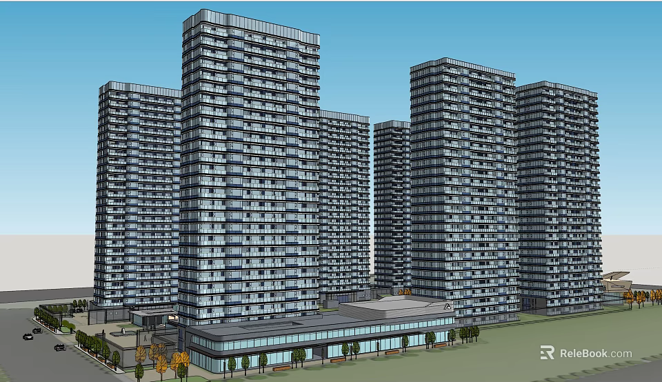 Modern High Rise Residential Building Complex With Surrounding Greenery And Roads 3d model 