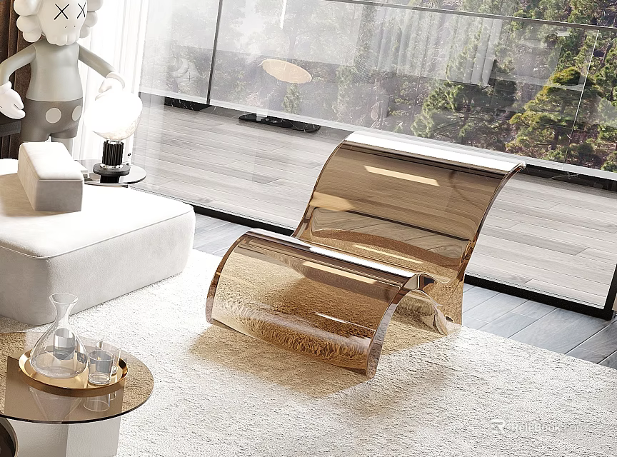 Modern Curved Golden Leisure Chair In Interior With Large Windows Green Plants And White Carpet 3d model 