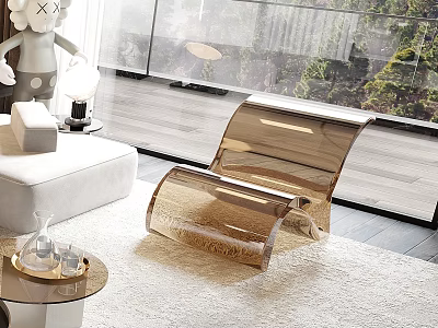 Modern Curved Golden Leisure Chair In Interior With Large Windows Green Plants And White Carpet 3d model