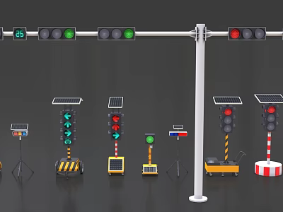 Solar Powered Traffic Signs And Traffic Lights With Various Road Safety Designs 3d model