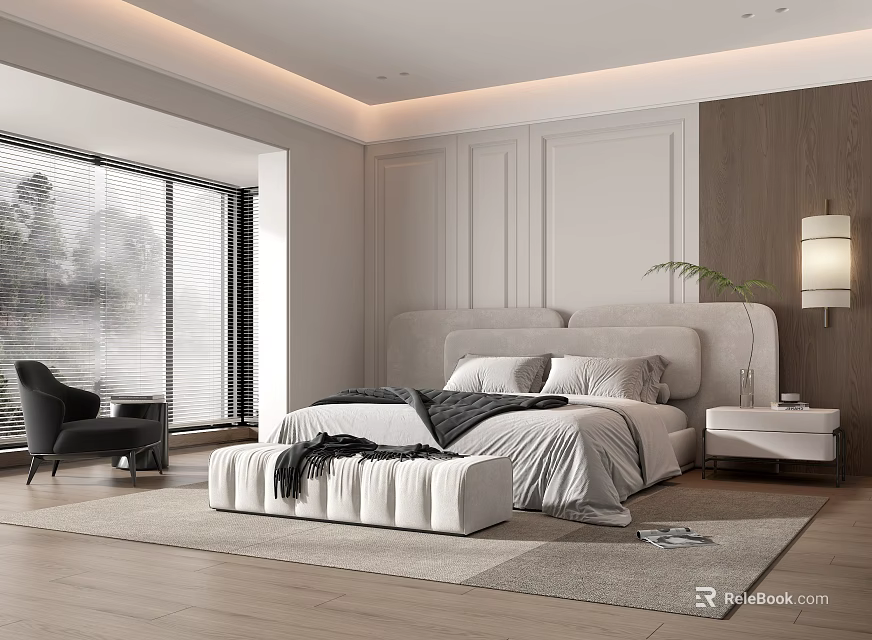 Modern Bedroom Interior Design With Large Bed Gray Bedding Beige Headboard And Dark Armchair 3d model 
